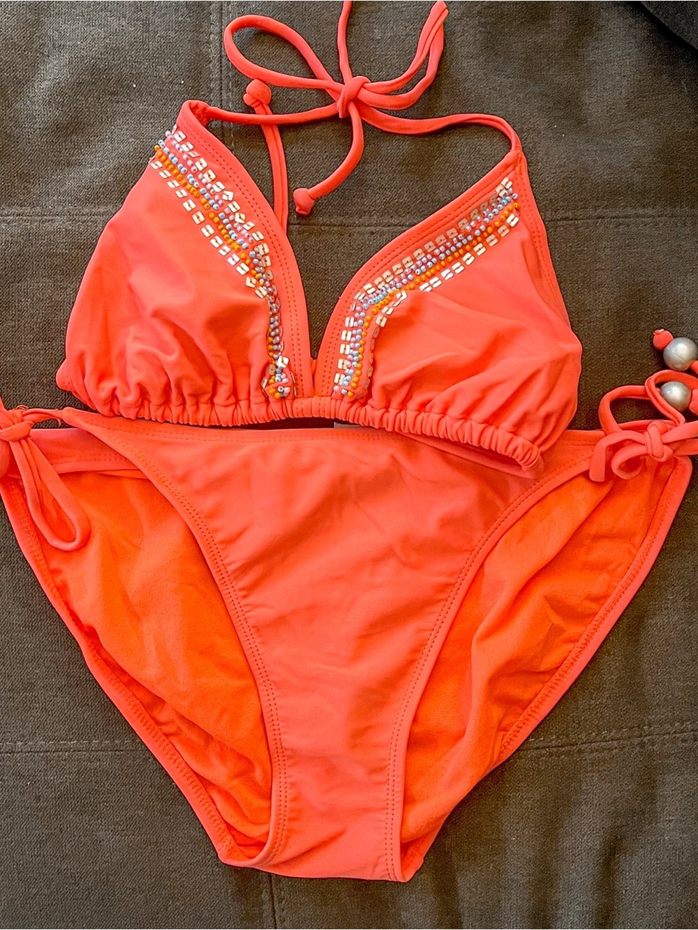 Old Navy Coral Beaded Triangle String Bikini Size Large